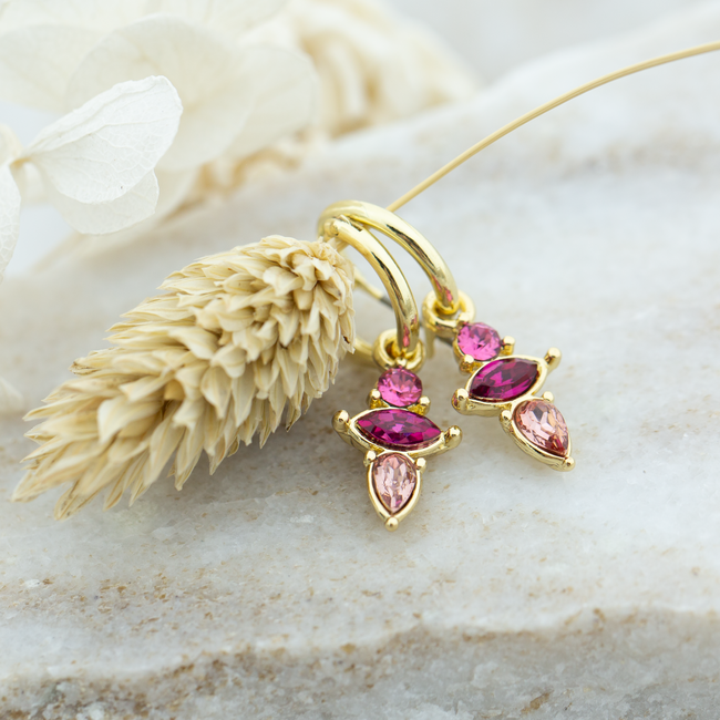 Biba Goud oorringen met roze crystal druppels