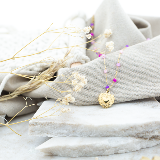 Day & Eve  Roze kralen ketting met hart bedel