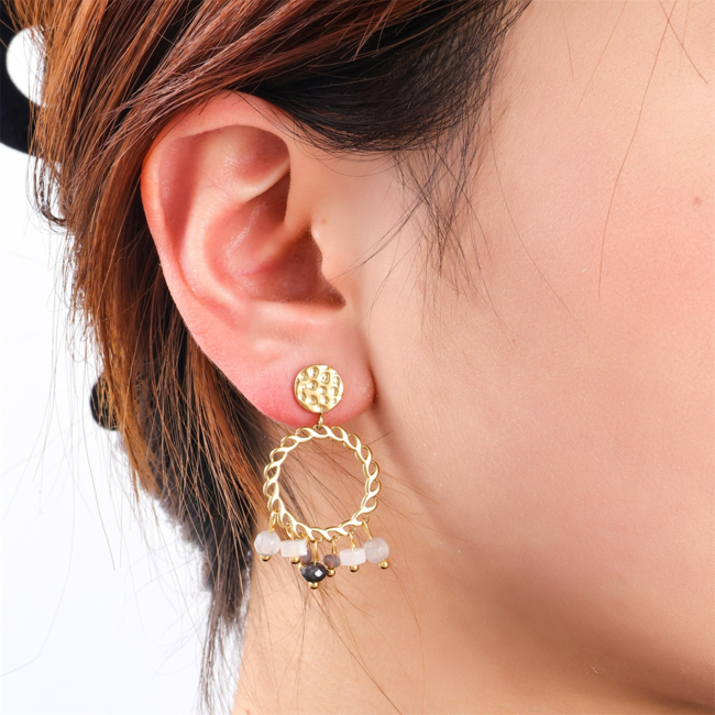 Day & Eve  Boho ronde oorbellen met grijze natuursteentjes