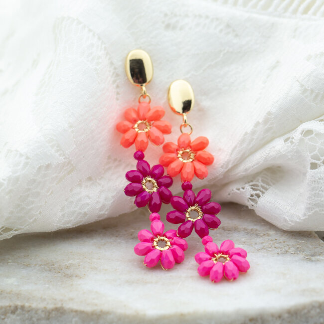 Biba Oranje roze lange kralen bloem oorbellen