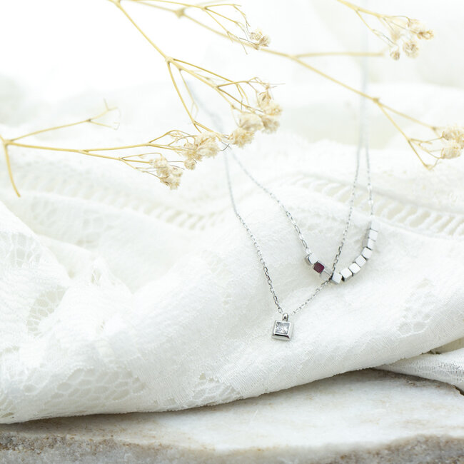 ZAG  Bijoux Dubbele ketting met blokjes en zirconia crystal steentje