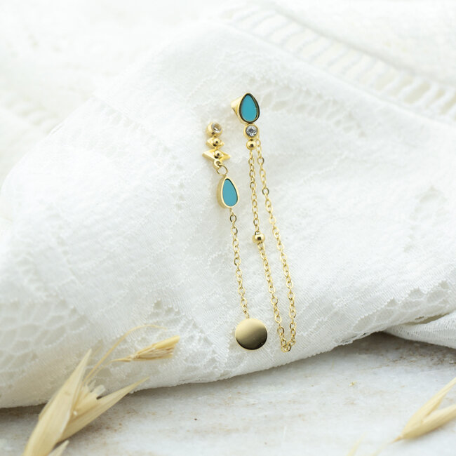 ZAG  Bijoux Goud lange oorbellen met boho turquoise druppels