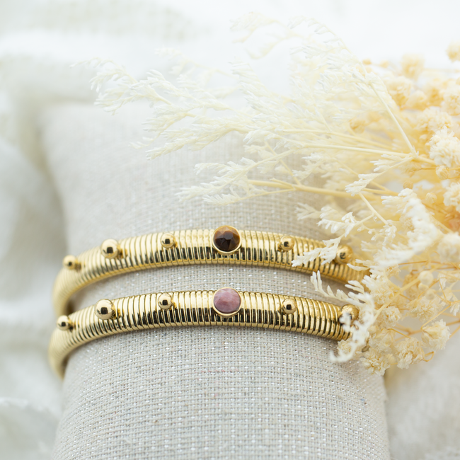 Bohm Paris Gouden armband met tijgeroog of rhodoniet natuursteen