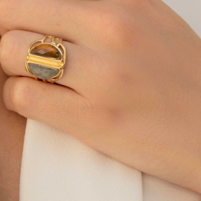 Bohm Paris Statement grote stenen ring labradoriet en tijgeroog