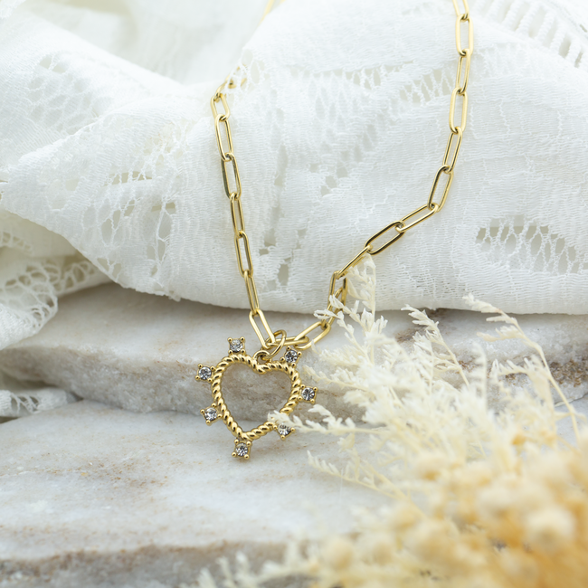 By Jam Gioielli Goud schakelketting met hart en crystal steentjes