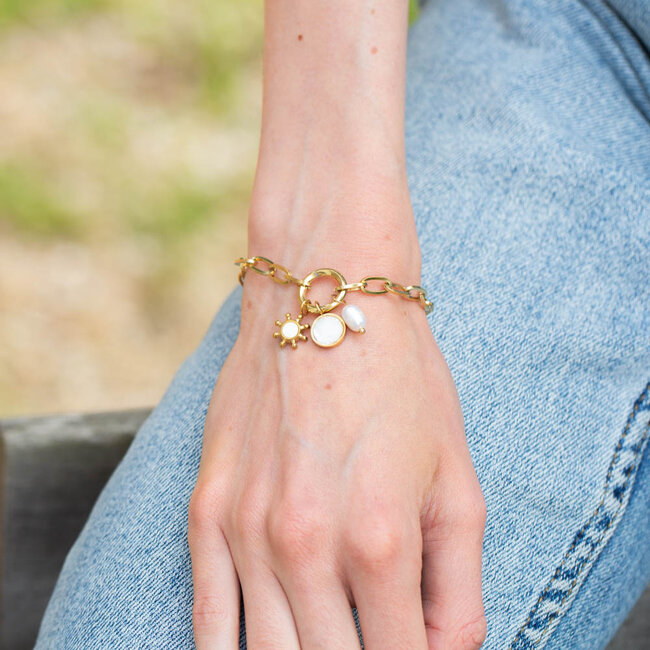 Day & Eve  Stainless steel schakel armband  bedels en parel