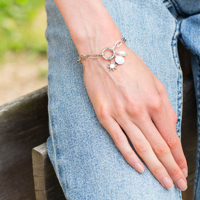 Day & Eve  Stainless steel schakel armband met parel bedel