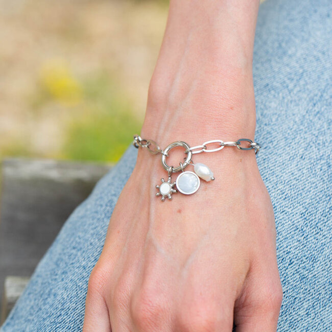 Day & Eve  Stainless steel schakel armband met parel bedel
