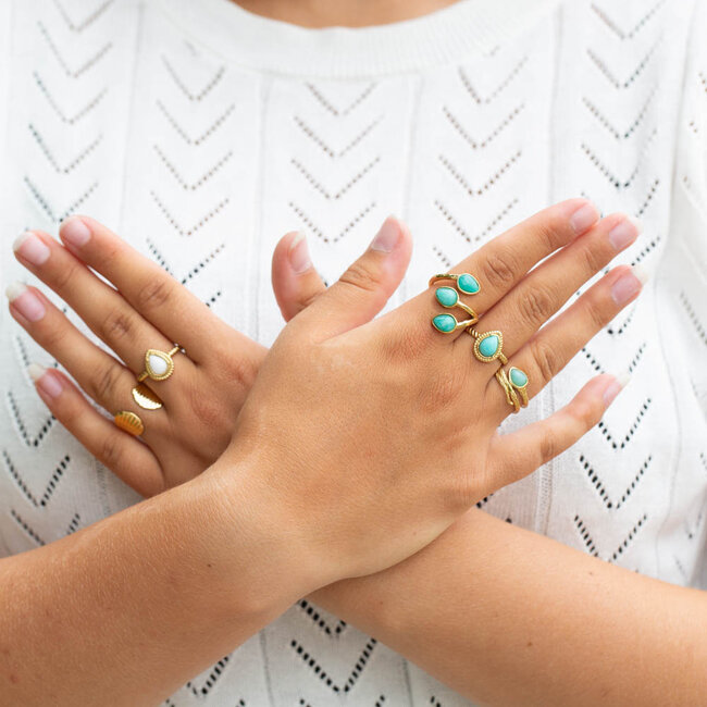 Beadle Mooie Gouden stainless steel ringen met Turquoise Stenen