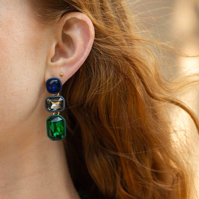 Biba Opvallende statement blauw groen grijze stenen oorbellen