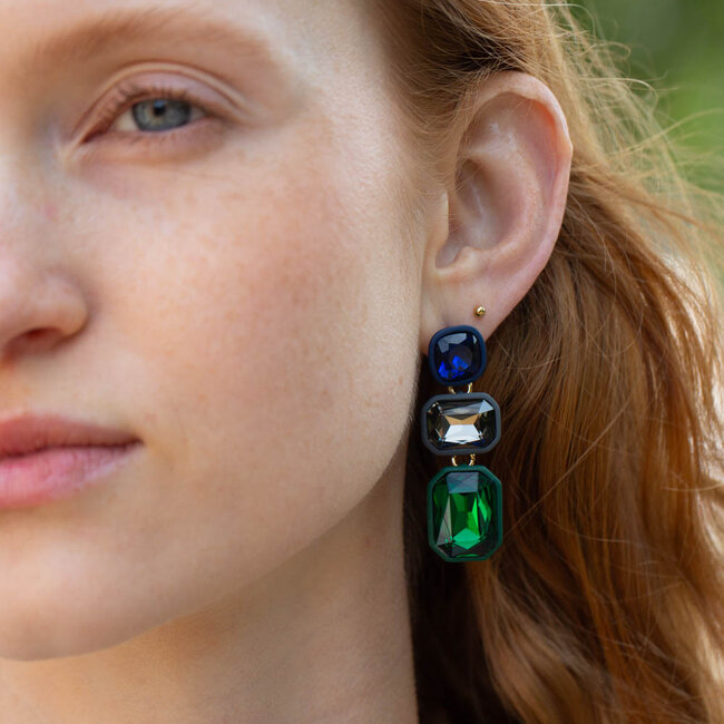 Biba Opvallende statement blauw groen grijze stenen oorbellen