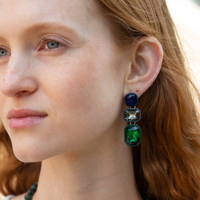 Biba Opvallende statement blauw groen grijze stenen oorbellen