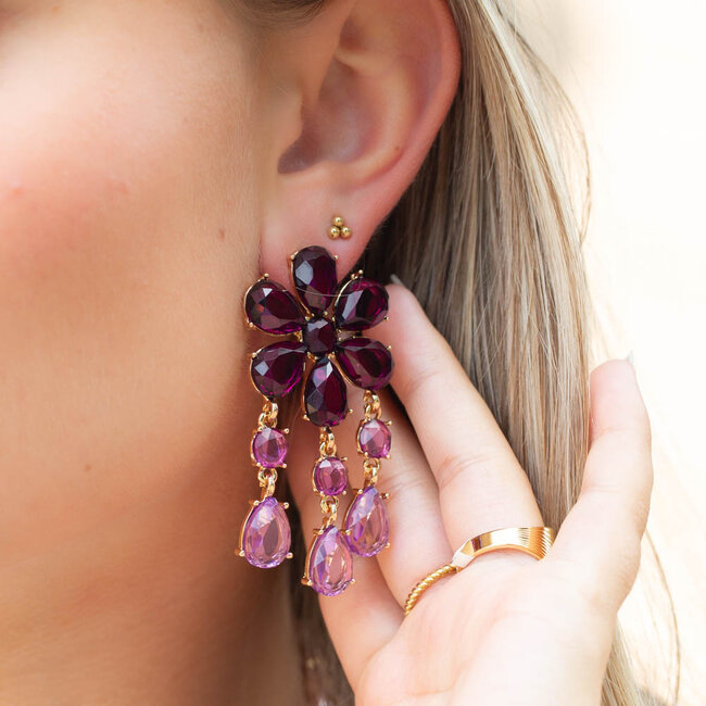 Biba Grote paarse statement bloem oorbellen met druppels