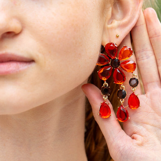 Biba Grote warm oranje bruine statement bloem oorbellen