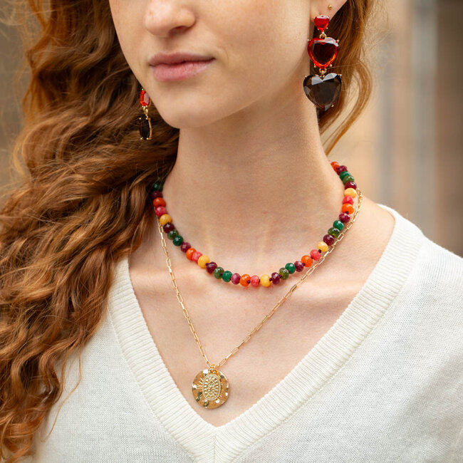 Biba Gekleurde geknoopte natuursteen ketting of schakelketting munt