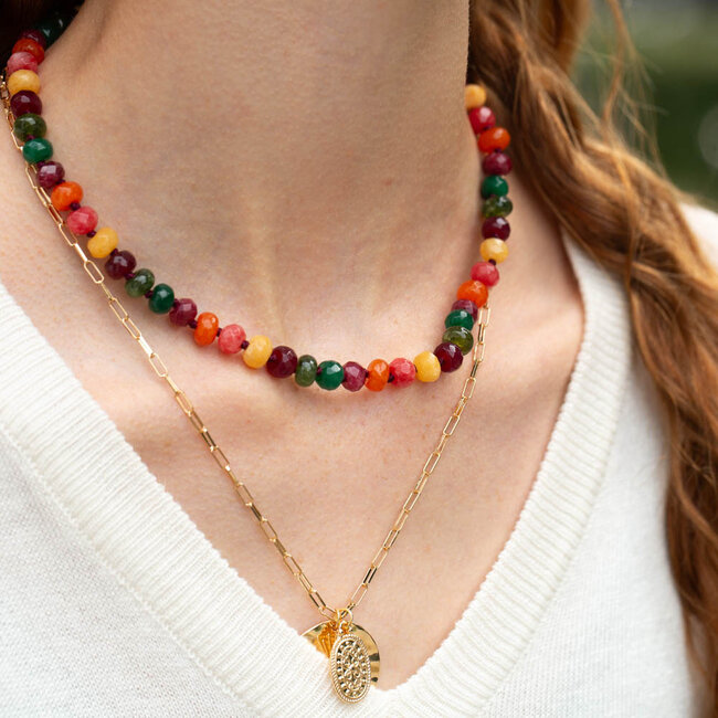 Biba Gekleurde geknoopte natuursteen ketting of schakelketting munt