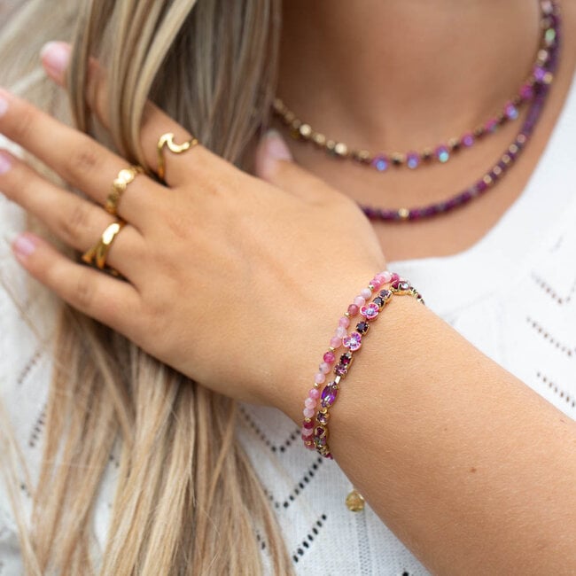 Natuursteen armbandjes met roze paarse kralen en gouden details - Copy