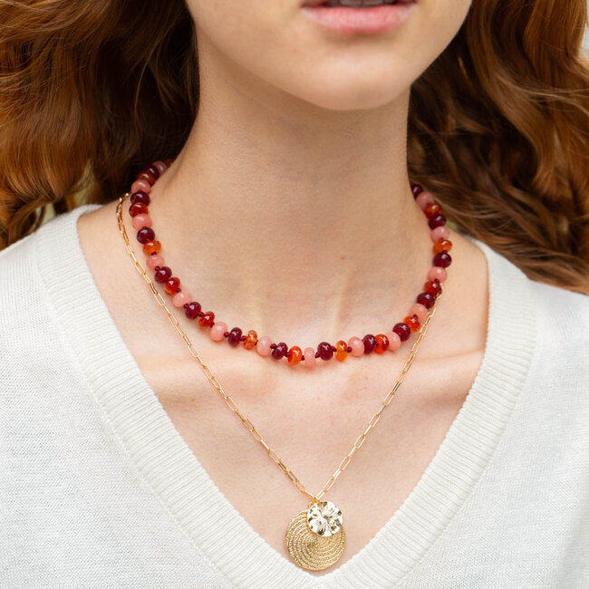 Biba Geknoopte ketting rood oranje natuursteen of ketting munt