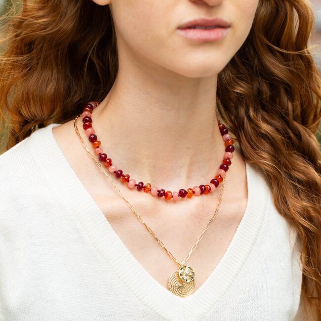 Geknoopte ketting rood oranje natuursteen of ketting munt
