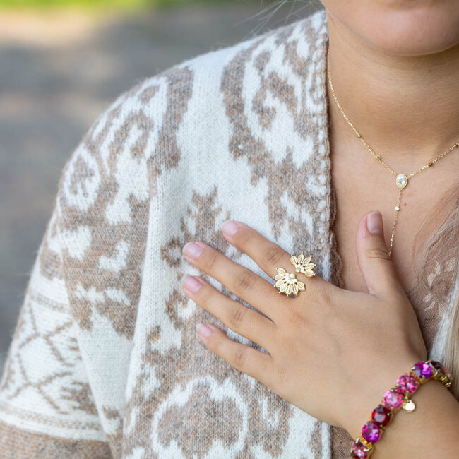Bohm Paris Statement Goud en witte bloemen ring
