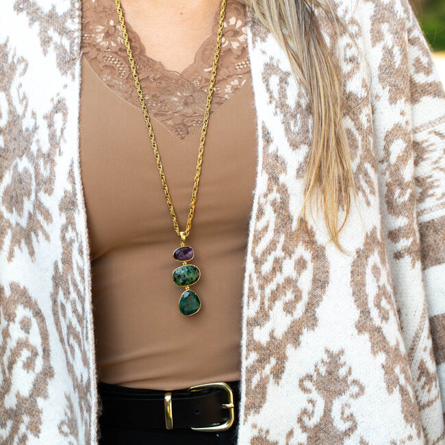 Lange ketting goud met amethyst en turquoise natuurstenen