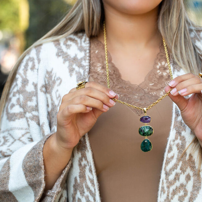 Beadle Lange ketting goud met amethyst en turquoise natuurstenen