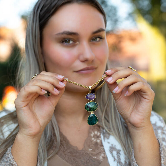 Beadle Lange ketting goud met amethyst en turquoise natuurstenen