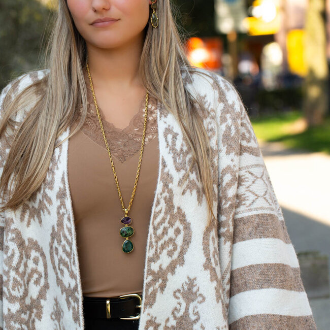 Beadle Lange ketting goud met amethyst en turquoise natuurstenen