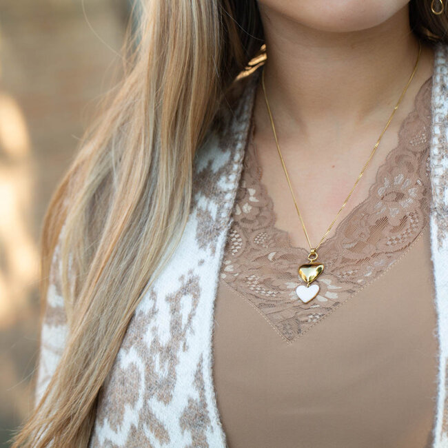 Lange Gouden dubbele hart goud wit ketting