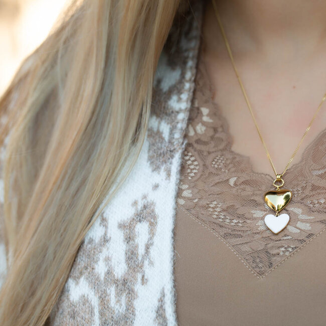 Lange Gouden dubbele hart goud wit ketting