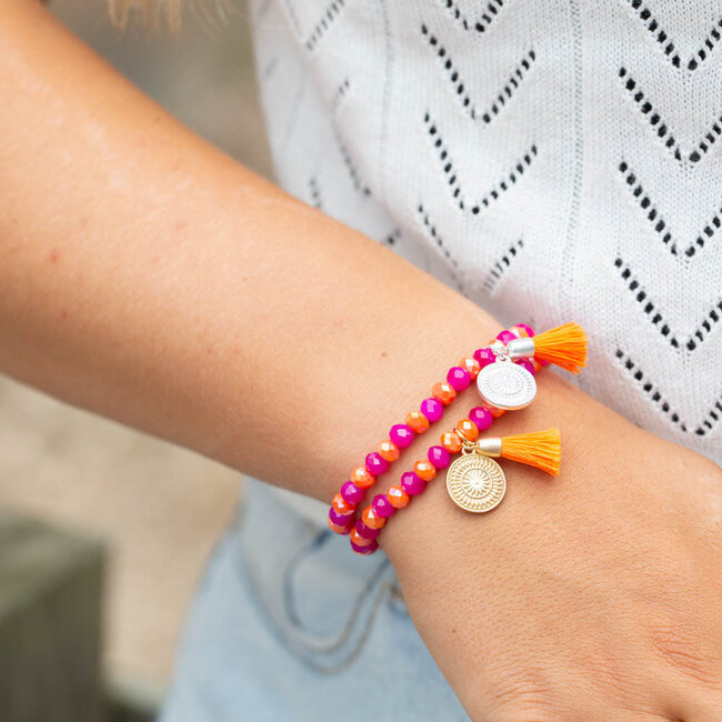 Biba Roze oranje kralen armbanden met zilver muntje