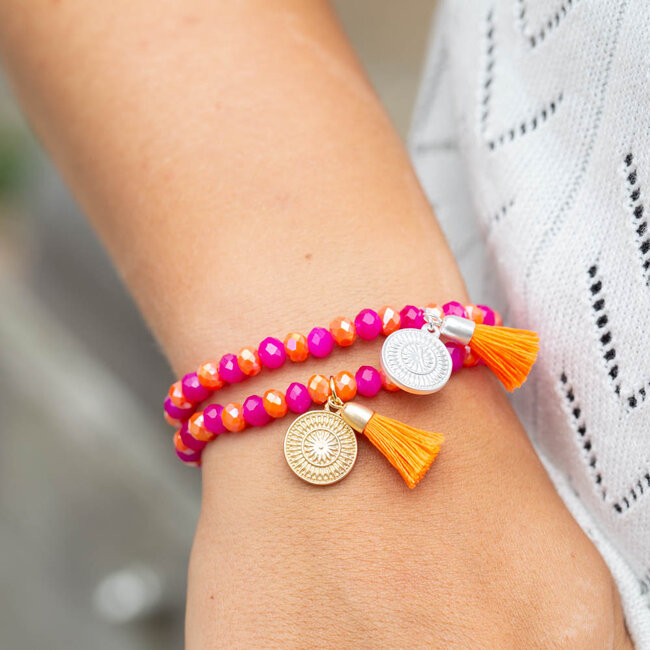 Biba Roze oranje kralen armbanden met zilver muntje