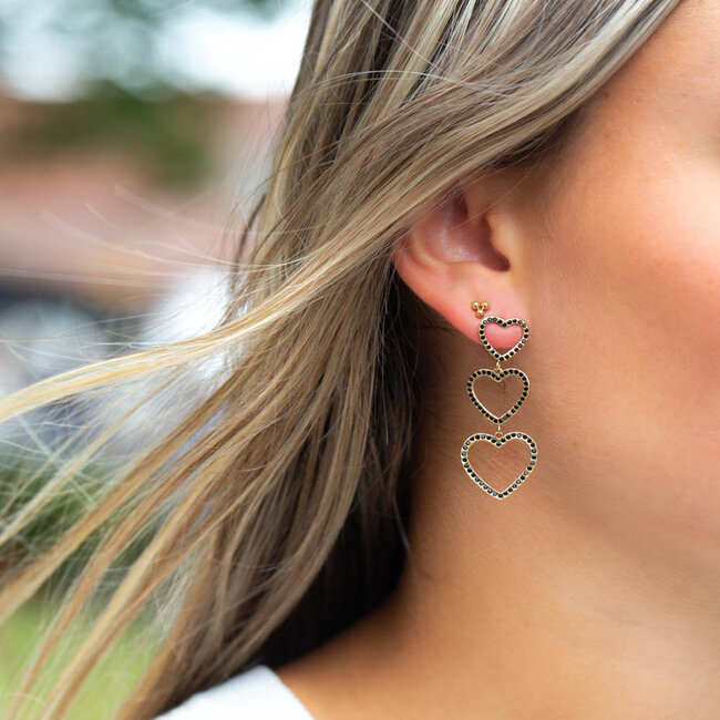 Day & Eve  Sprankelende Harten: Trendy Lange Oorbellen  met zwarte crystal steentjes