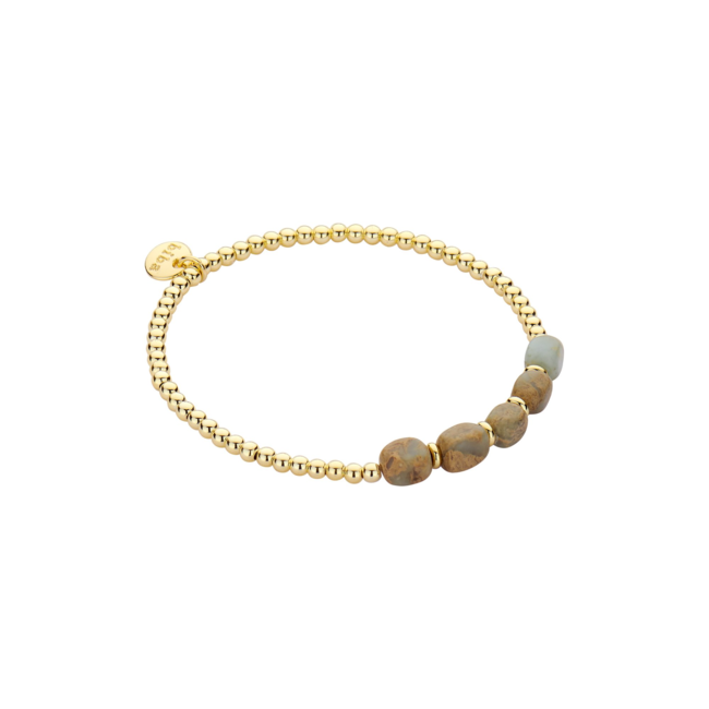 Armbanden in goud met turquoise en bruine kralen