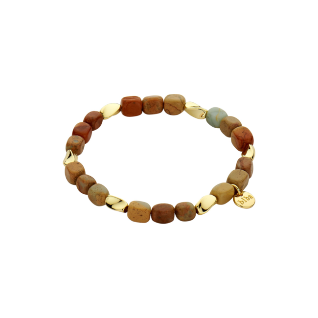 Armbanden in goud met turquoise en bruine kralen