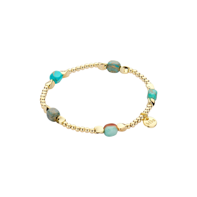Armbanden in goud met turquoise en bruine kralen