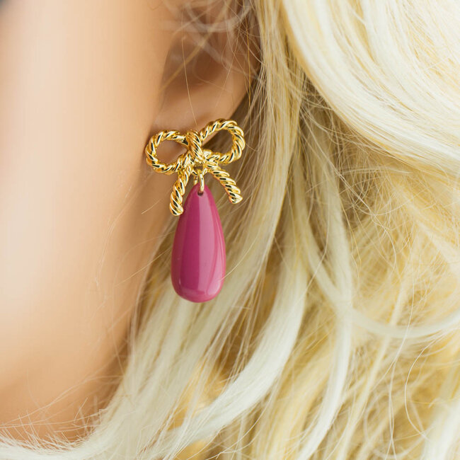 Biba Goud chique oorbellen met strik en roze druppel