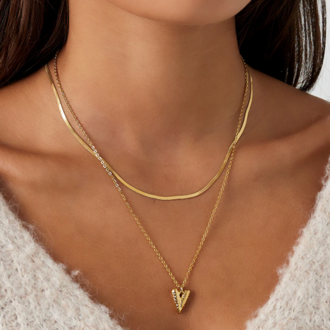 Gouden dubbele ketting met platte schakel en hart