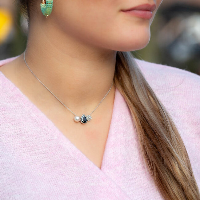 Zeeuws Echt zilver925 Zeeland ketting met zeeuwse knop en zwarte crystal druppel