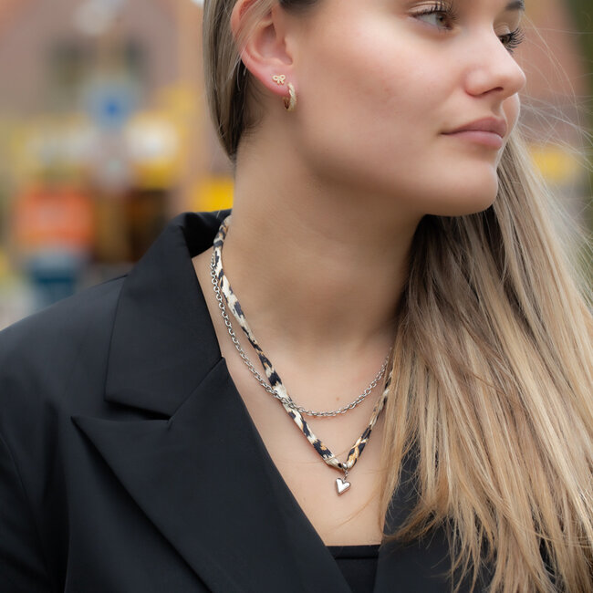 Beadle Dubbele schakelketting met tijgerprint en hart zilver