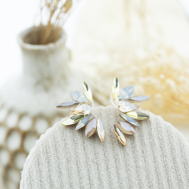 Day & Eve  Beige witte crystal glitter steentjes  waaier oorbellen