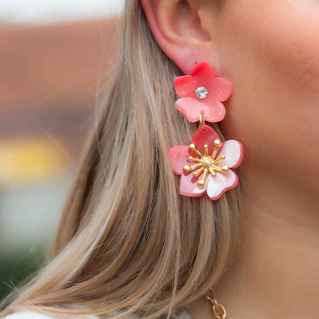 Biba Koraal bloem oorbellen met sparkle