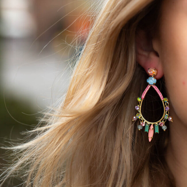 Biba Roze groene druppel boho oorbellen