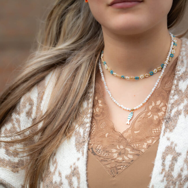 Biba Witte kralen ketting met visje