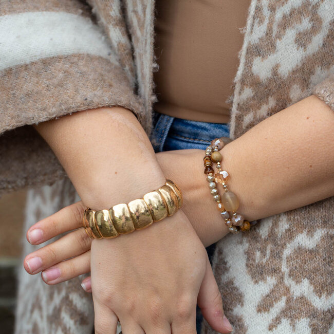 Biba Chunky chique brede goud of dubbele bruine kralen armband