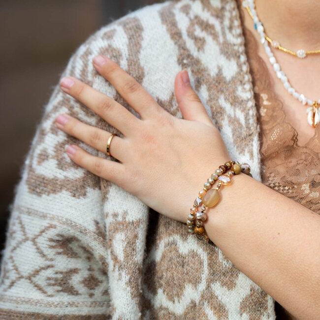 Biba Chunky chique brede goud of dubbele bruine kralen armband