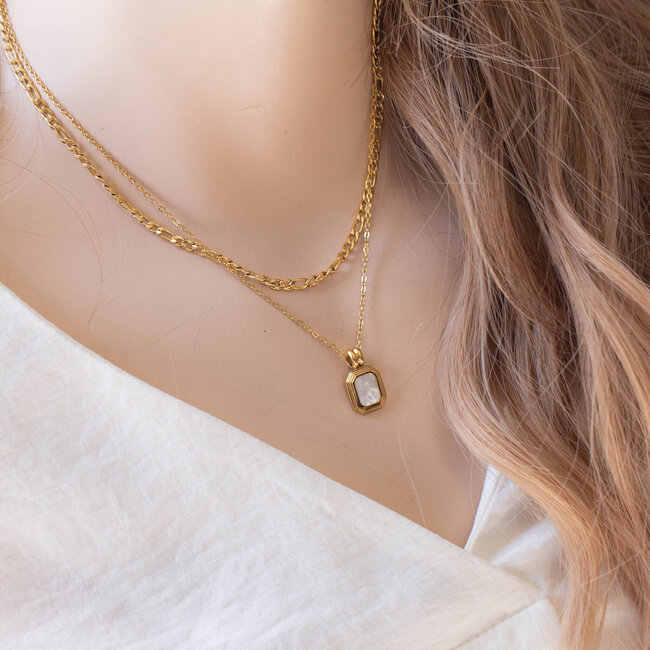 Dubbele goud laagjes ketting met rechthoek witte steen - Copy