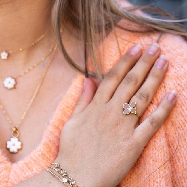 Beadle Stainless steel taupe bruine bloemen ring