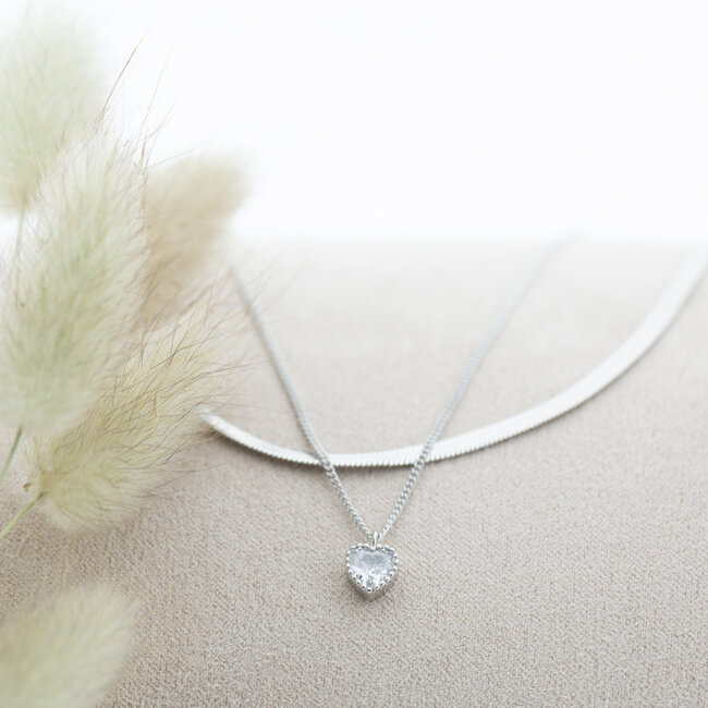 KARMA Echt zilver ketting zirconia hart of platte schakel