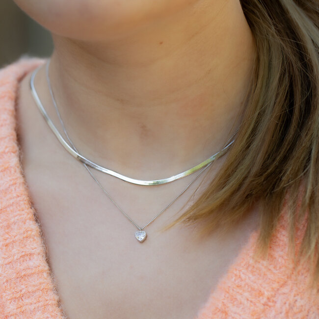 Echt zilver ketting zirconia hart of platte schakel